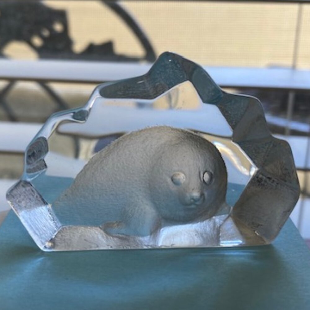 VINTAGE Carved & signed * SEAL in an ICEBERG * resin? inverted & frosted on back